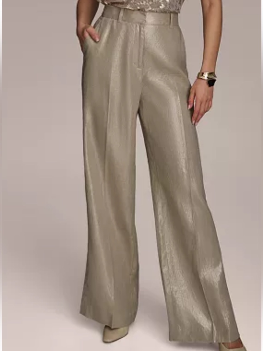 Donna Karan Metallic Taupe Wide-Leg Pants